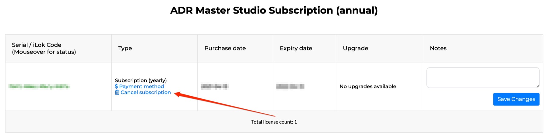 Cancelling a subscription from the My Licenses page