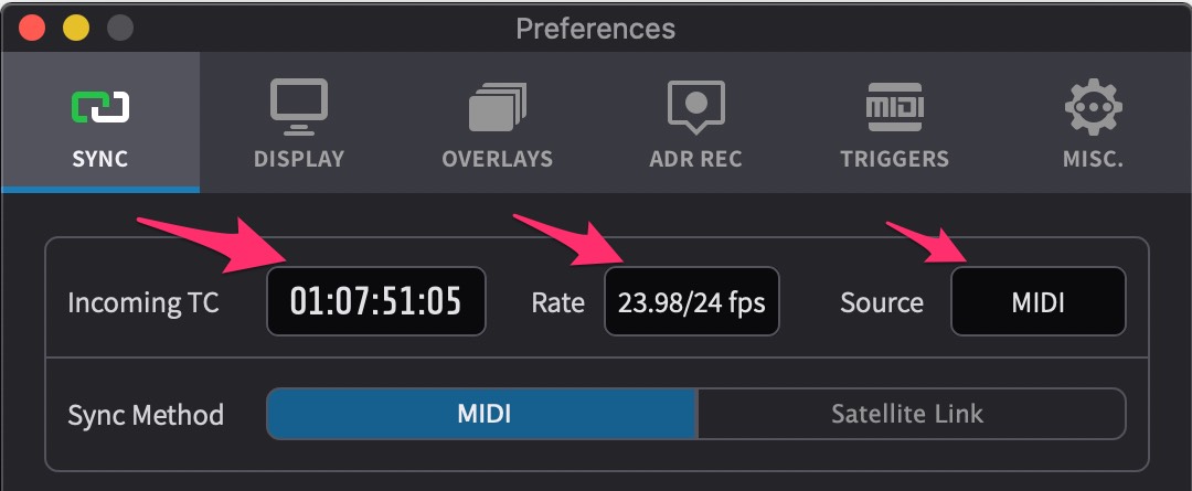 ADR Master Sync Preference showing incoming timecode