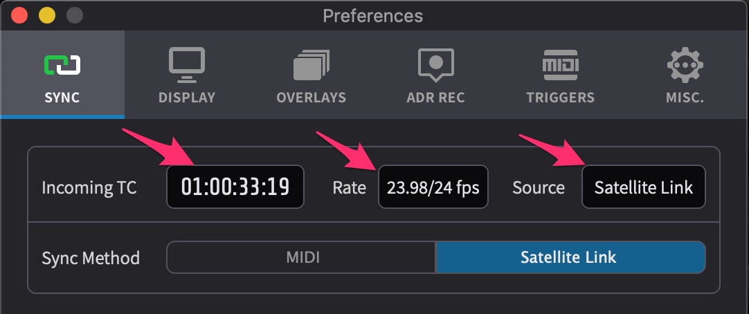 ADR Master’s SYNC Preference showing incoming timecode