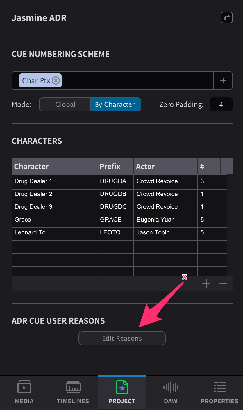 Show ADR Cue User Reasons Edit Window