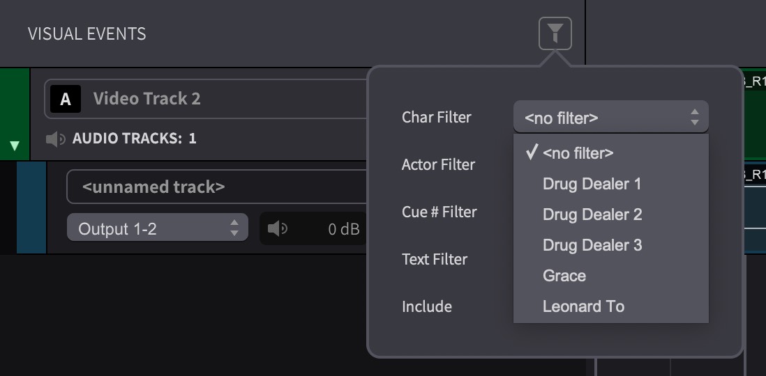 Event Filter controls in the timeline’s event track header