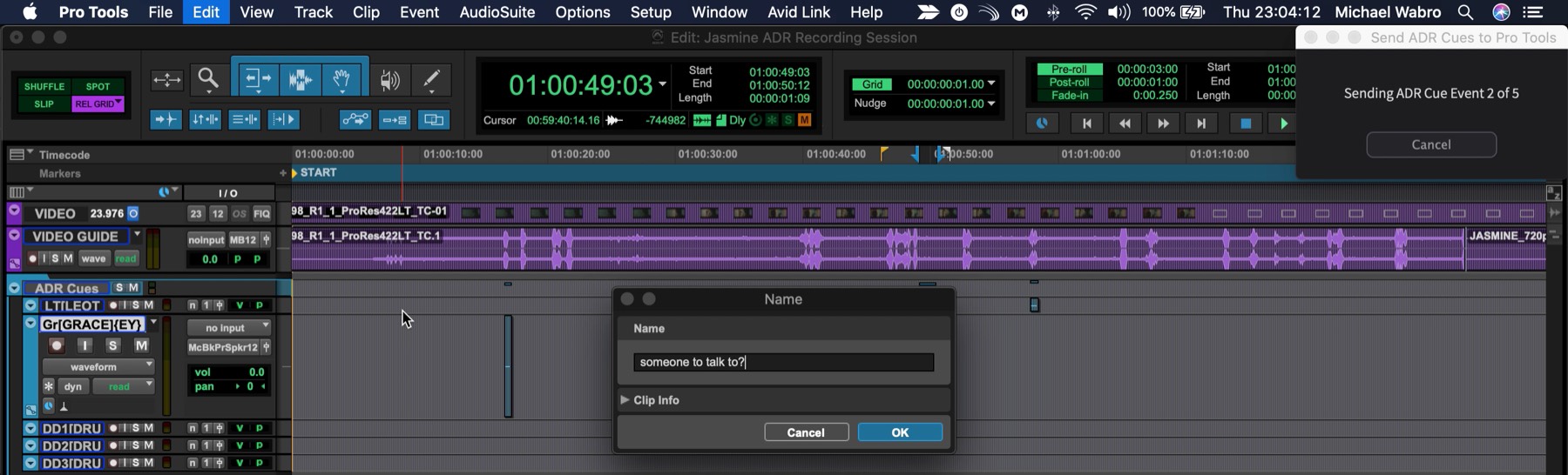 Sending selected ADR Cues to Pro Tools