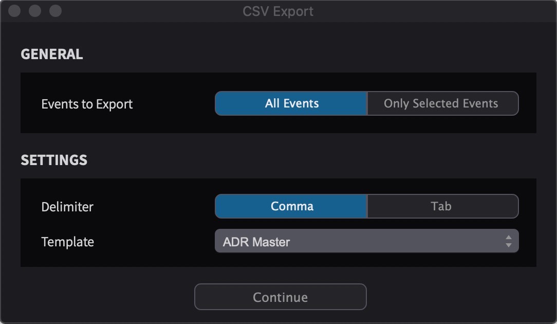 CSV Export Options Window