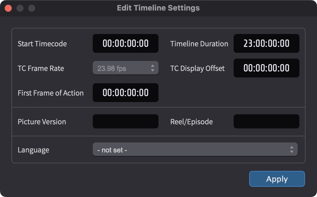 Edit Timeline Settings Window