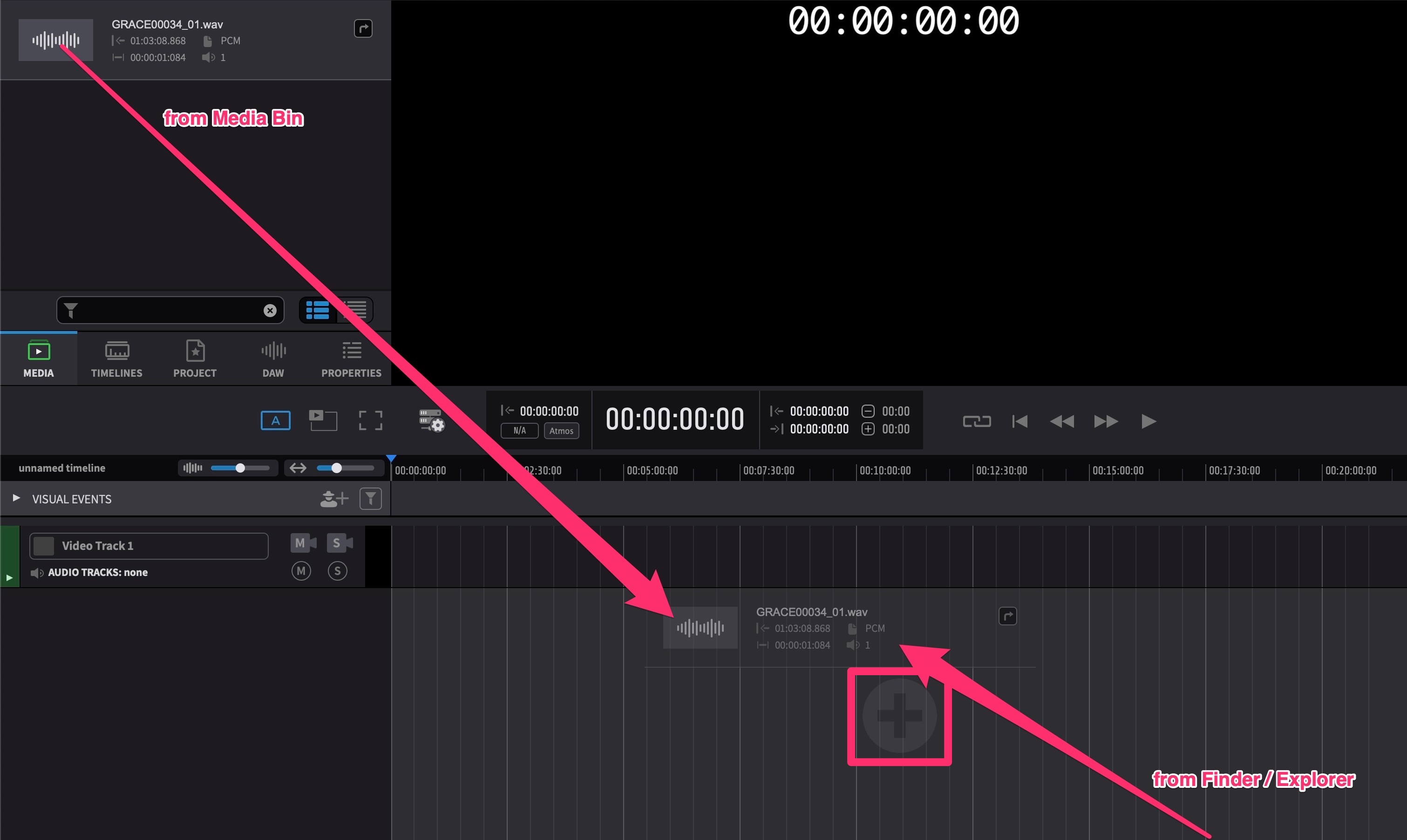 Create a new audio track by dragging media to the timeline