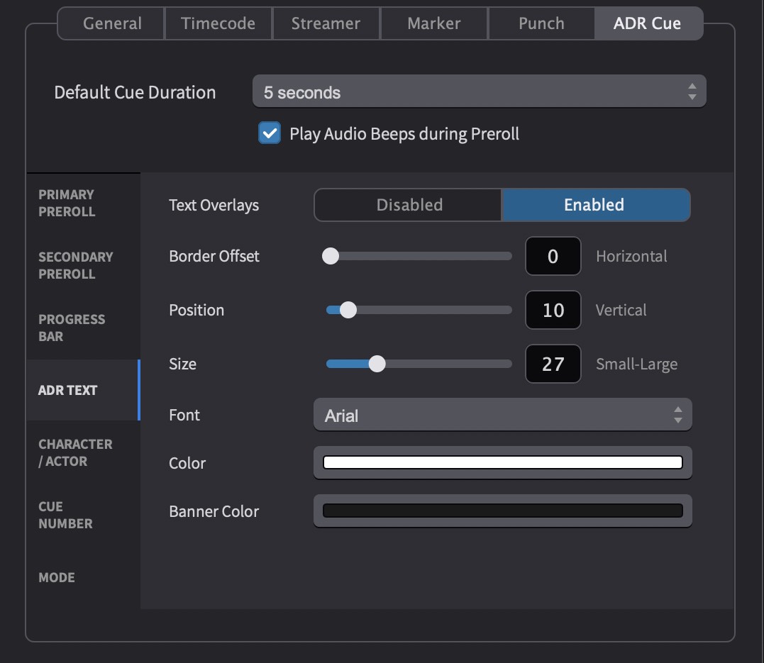 ADR Cue Text Overlay Settings