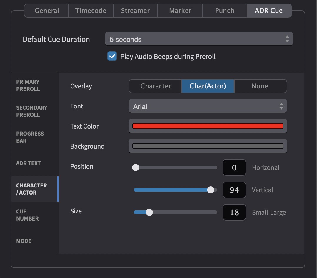 ADR Cue Character/Actor Overlay Settings