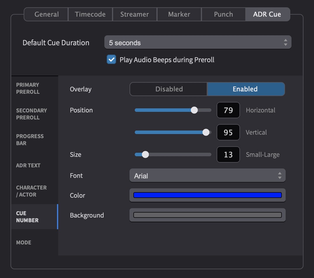 ADR Master Cue Number Overlay Settings