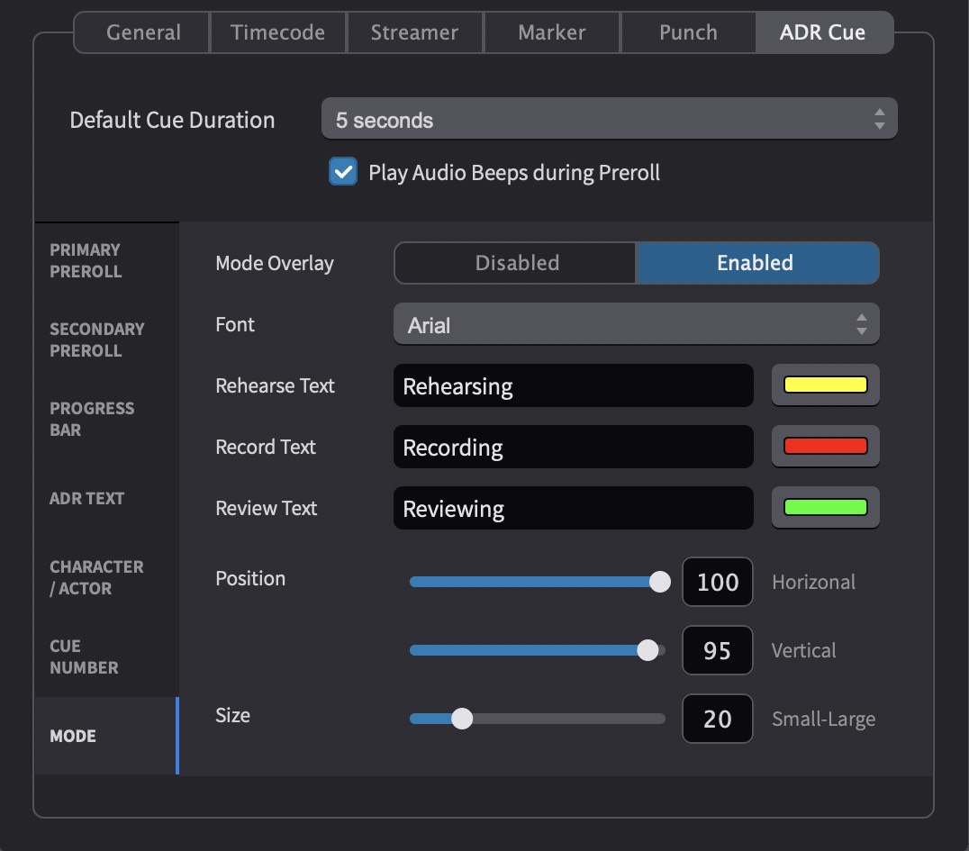 ADR Cue Mode Overlay Settings