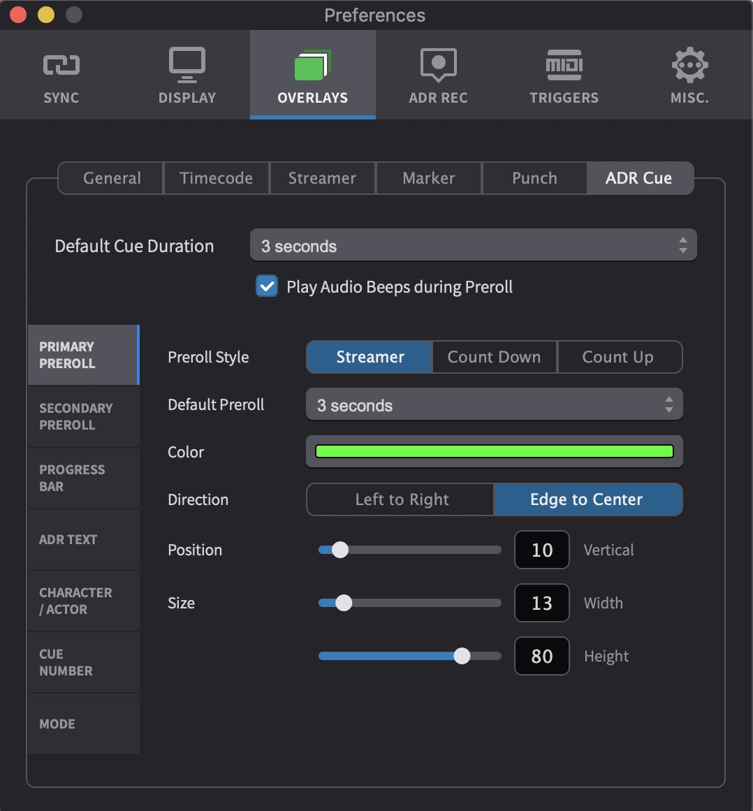 ADR Cue Overlay Preferences