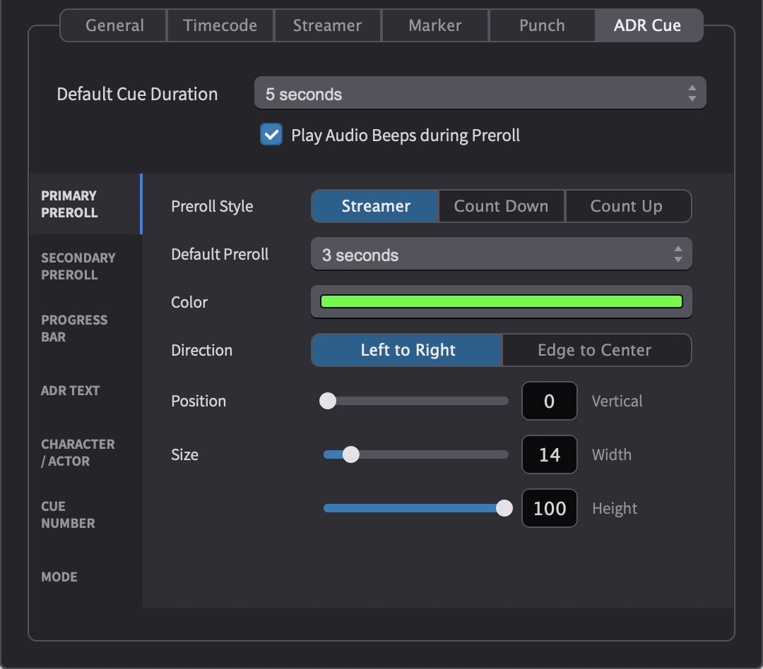 ADR Cue Primary Preroll Overlay Settings