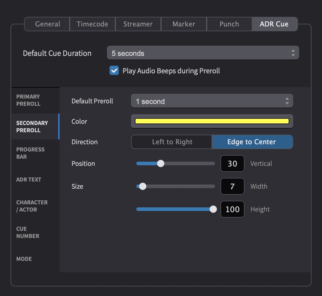 ADR Cue Secondary Preroll Overlay Settings