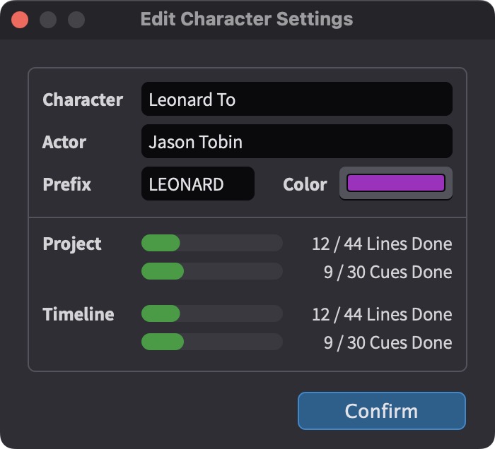 Edit Character Settings Window