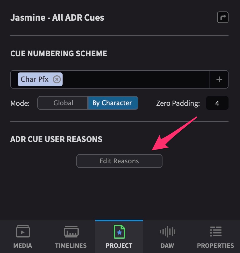 Show ADR Cue User Reasons Edit Window