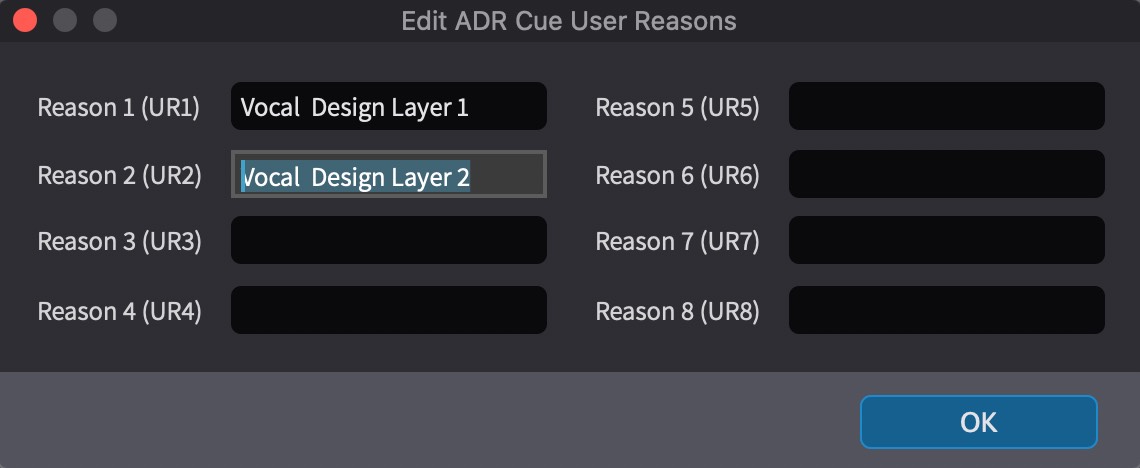 Edit ADR Cue Reasons Window