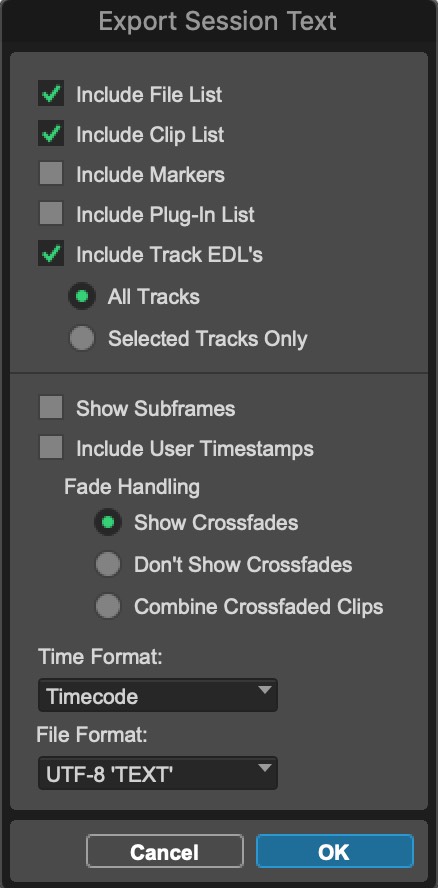 Export Session Text dialogue window in Pro Tools