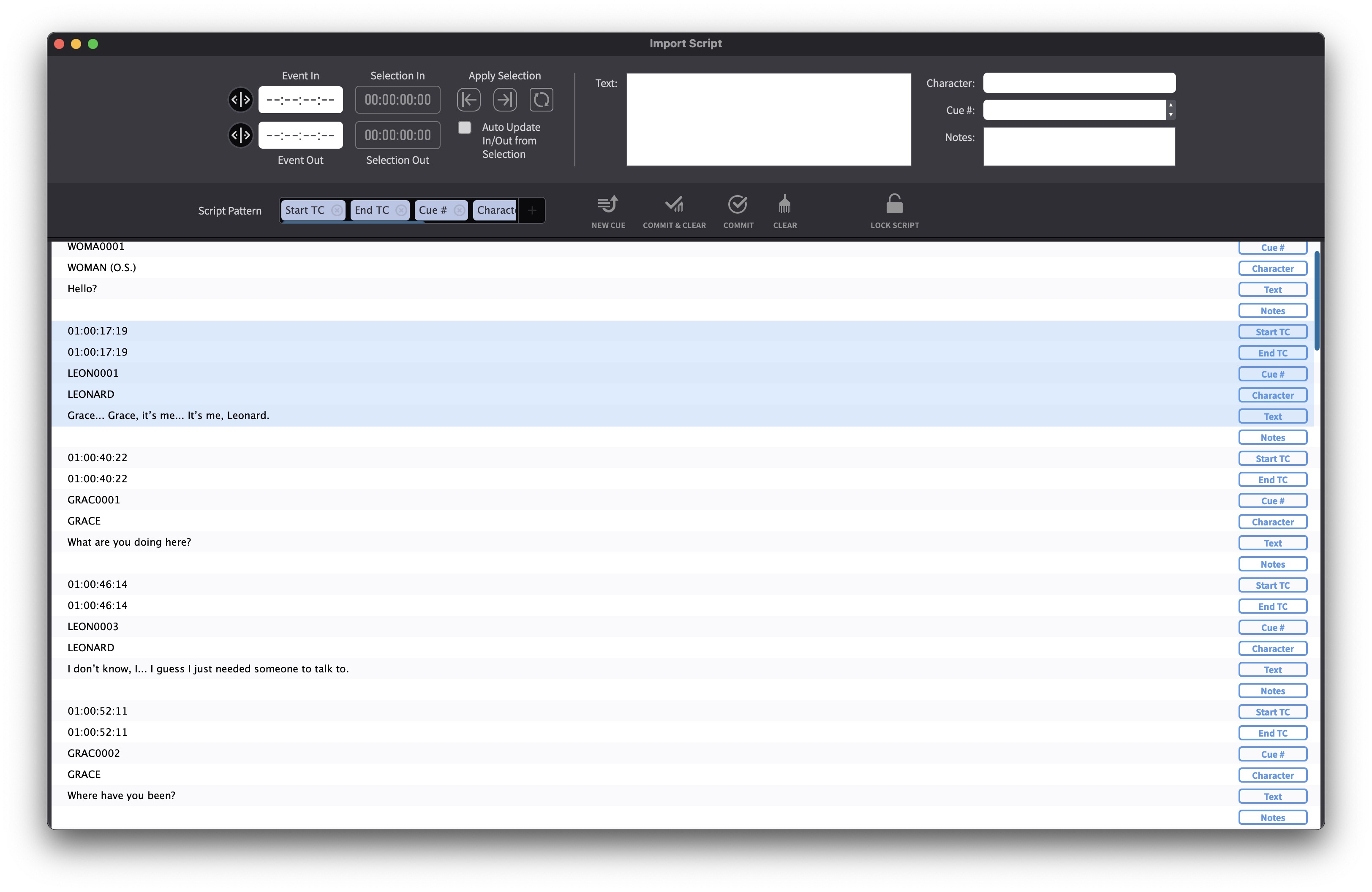 Script Import window showing repeating pattern