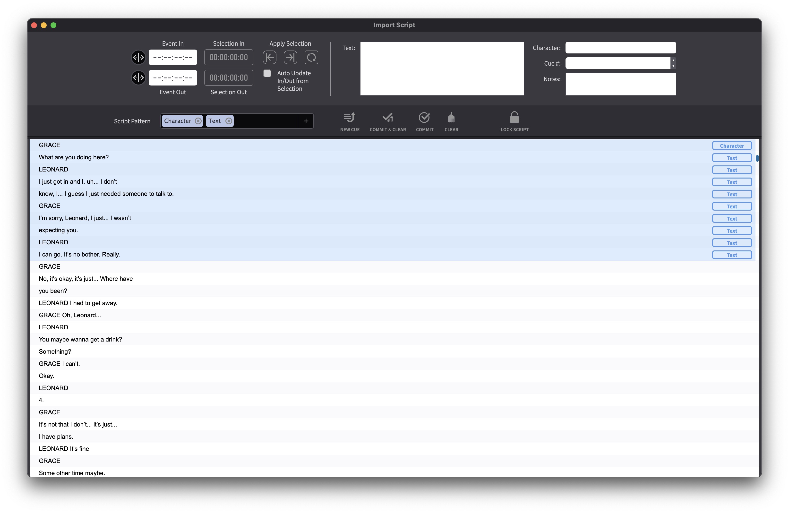 Script Import window showing repeating pattern