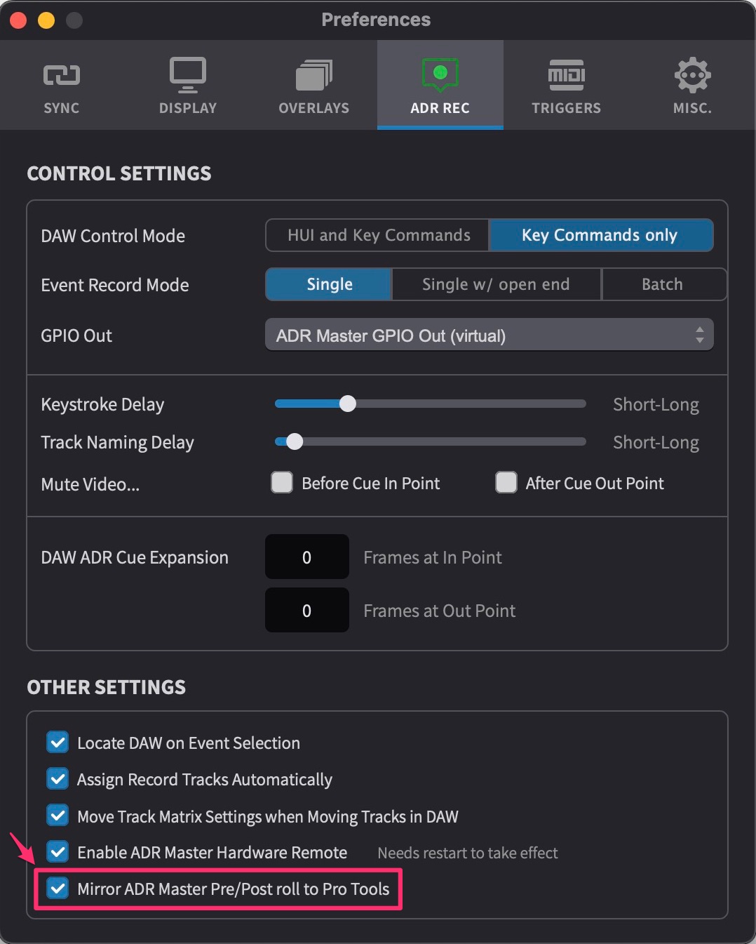 ADR Recording Preferences Tab