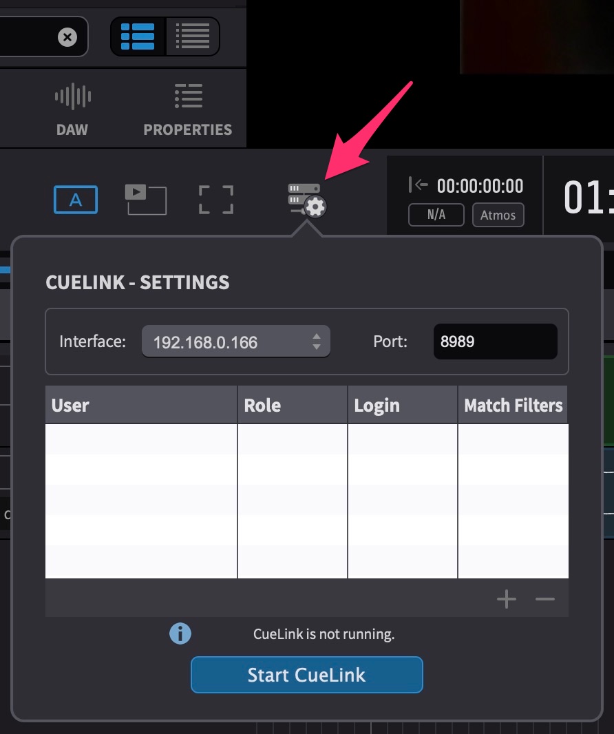 CueLink Button & CUELINK - SETTINGS panel in ADR Master