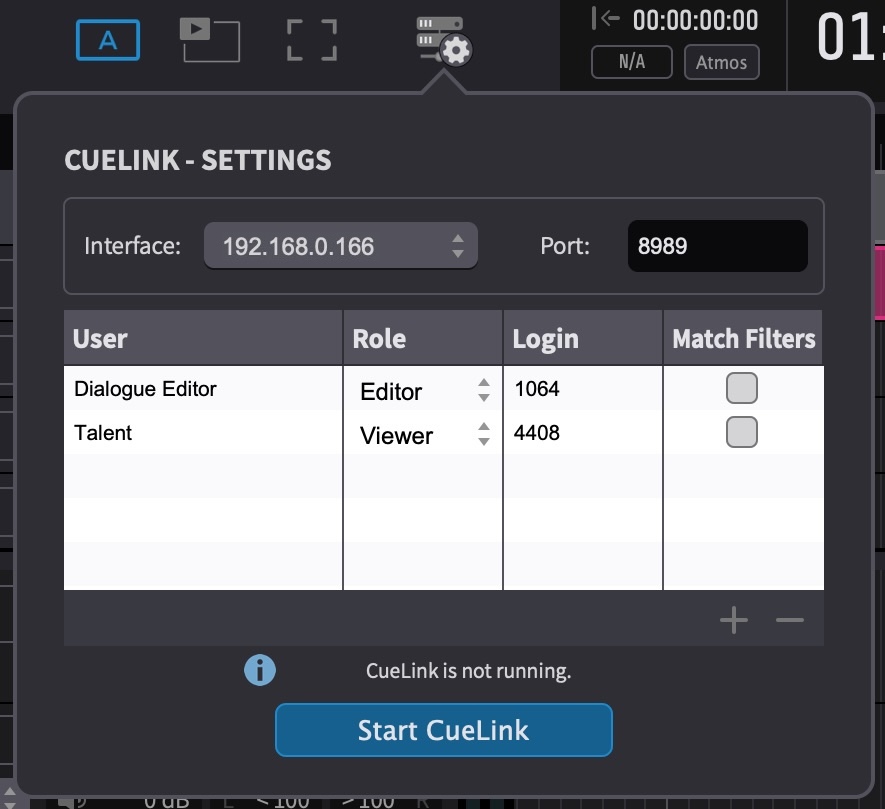 CueLink - Settings pop-up window