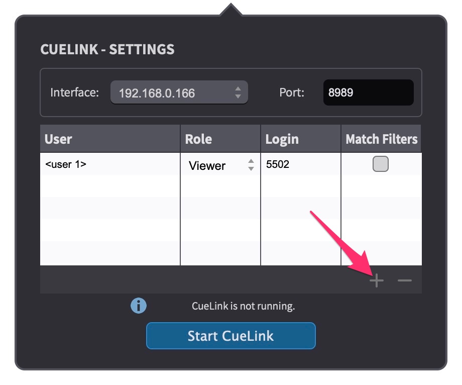 CueLink - Settings Add New User Button