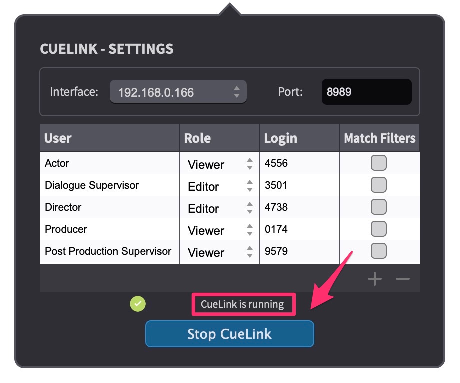 CueLink - SETTINGS - Starting CueLink