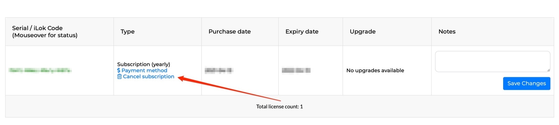 Cancelling a subscription from the My Licenses page