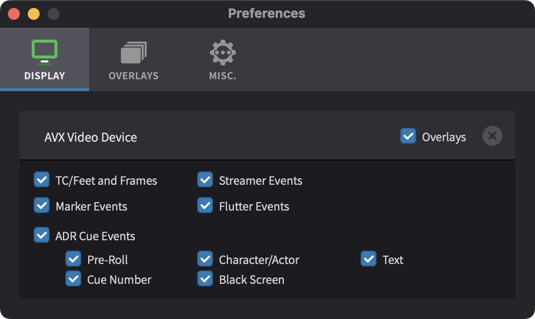 AVX Video Device Overlay Settings