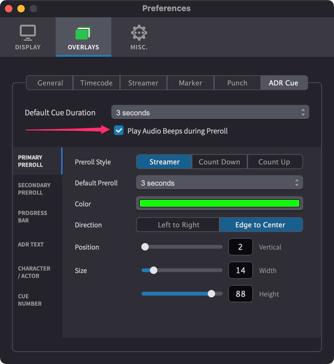 Cue Pro Play Audio Beeps during Preroll button