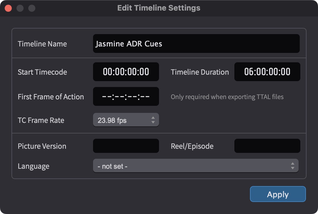 Edit Timeline Settings Window