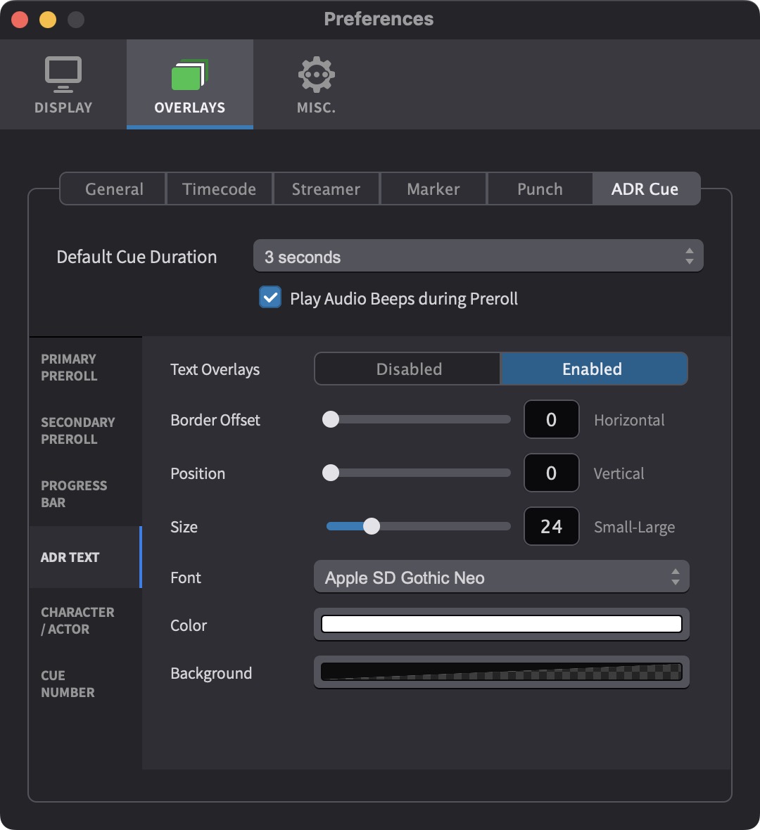 ADR Cue Text Overlay Settings