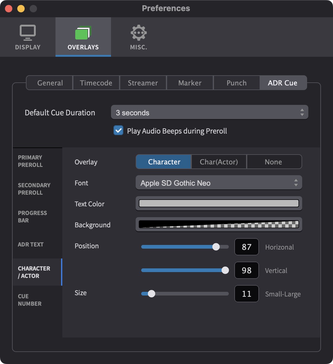 ADR Cue Character/Actor Overlay Settings