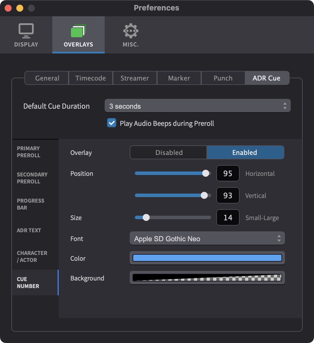 Cue Pro Cue Number Overlay Settings