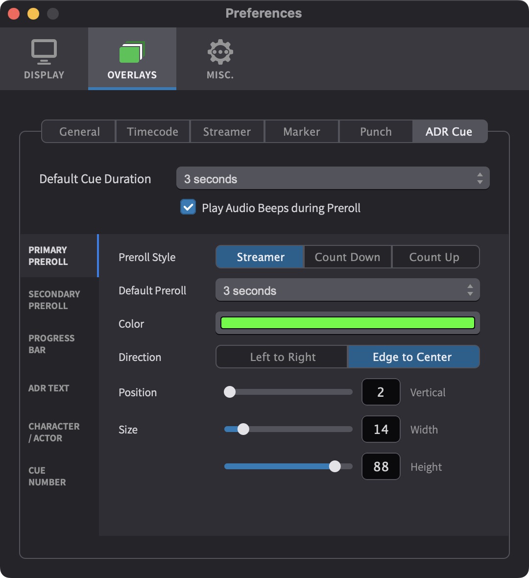 ADR Cue Overlay Preferences