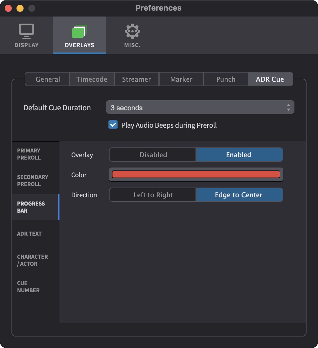 ADR Cue Progress Bar Overlay Settings