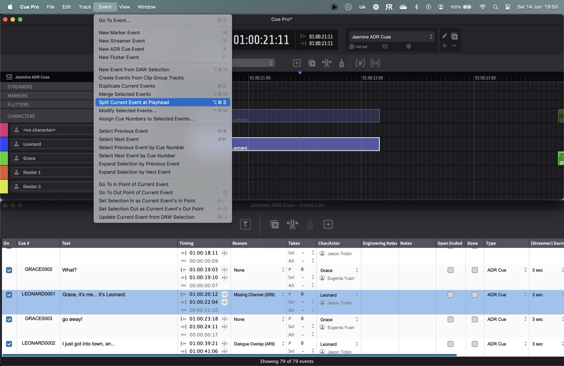 Split events in Cue Pro