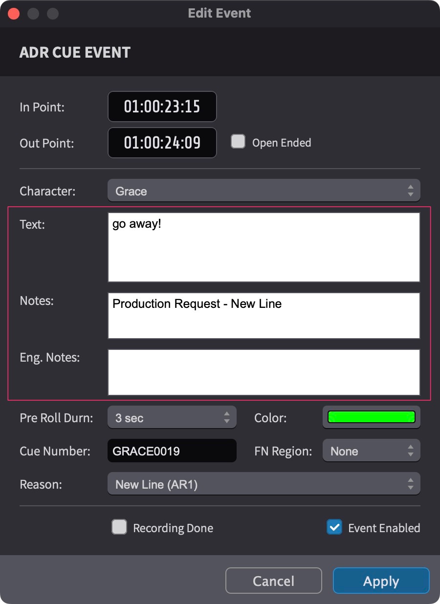 ADR Cue Text Properties