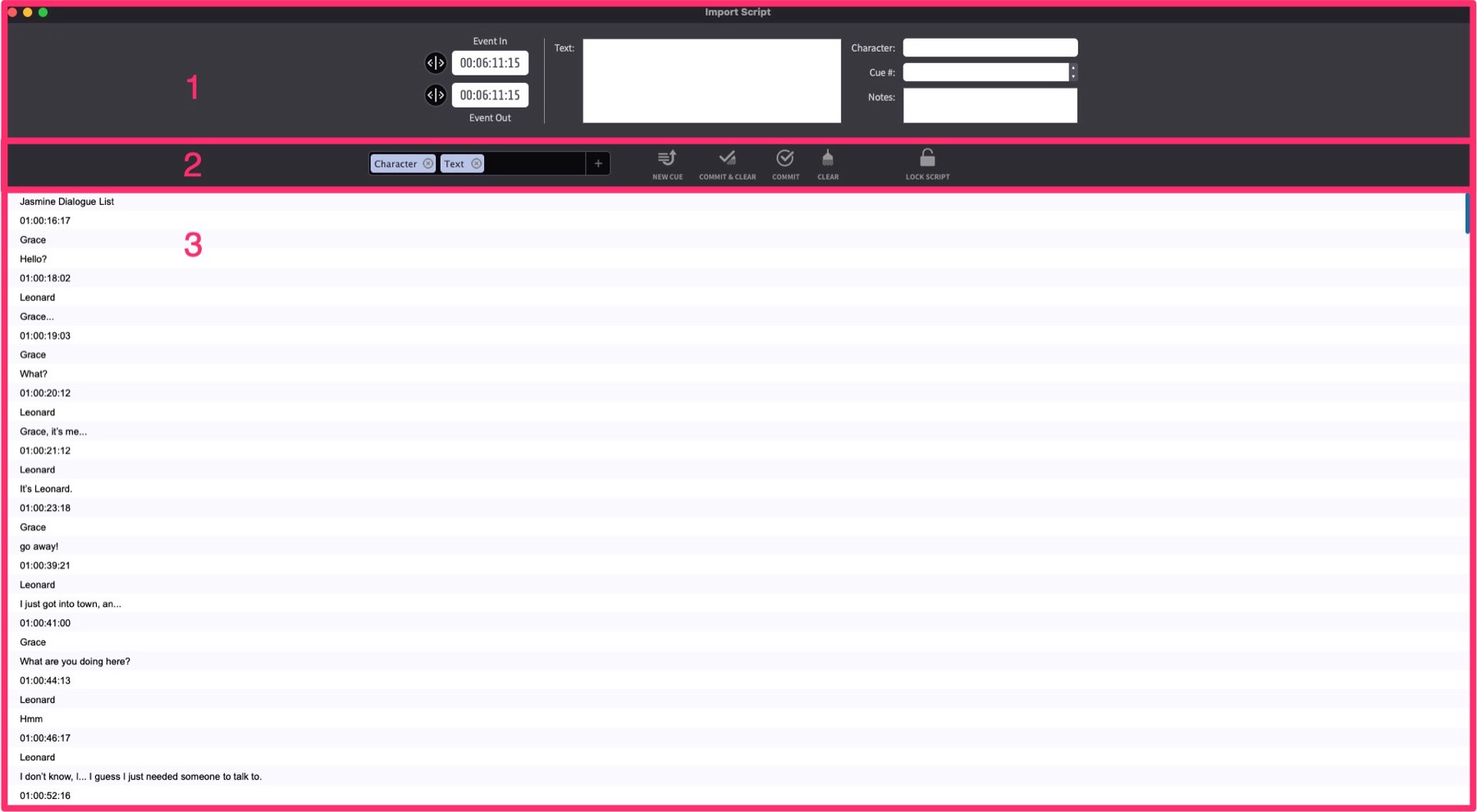 Script Import Window sections
