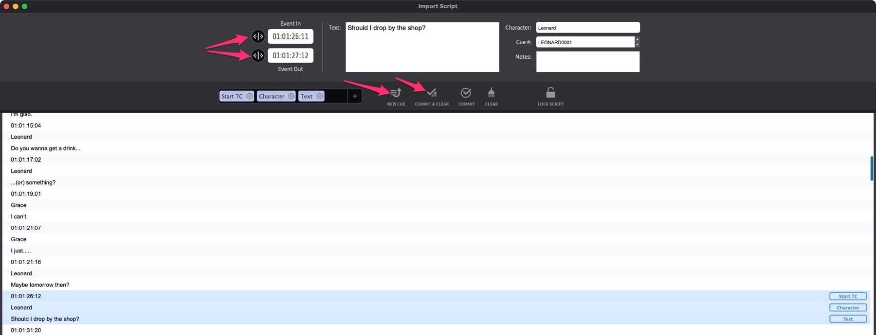 Creating a new cue from the highlighted property fields