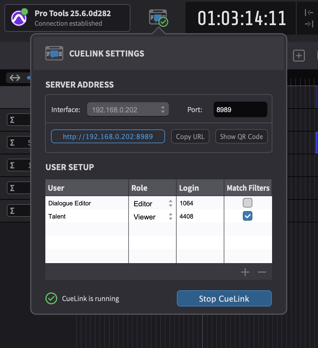 CueLink - Settings pop-up window