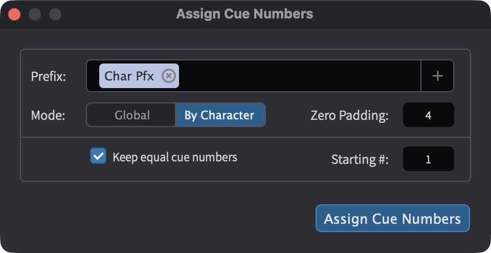 Assign Cue Numbers window