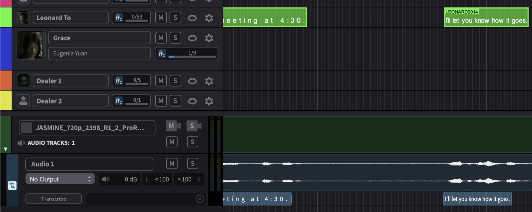 Audio track with transcription lane populated