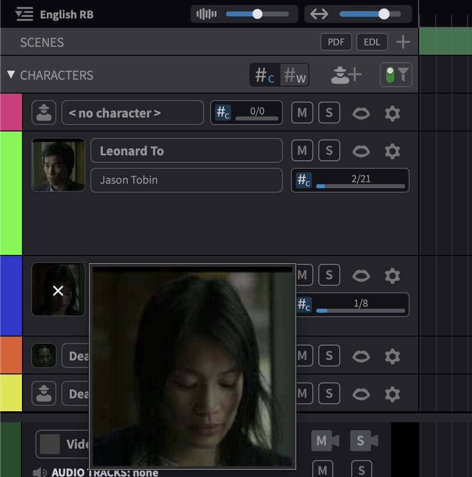 Character Tracks with thumbnails and hover preview