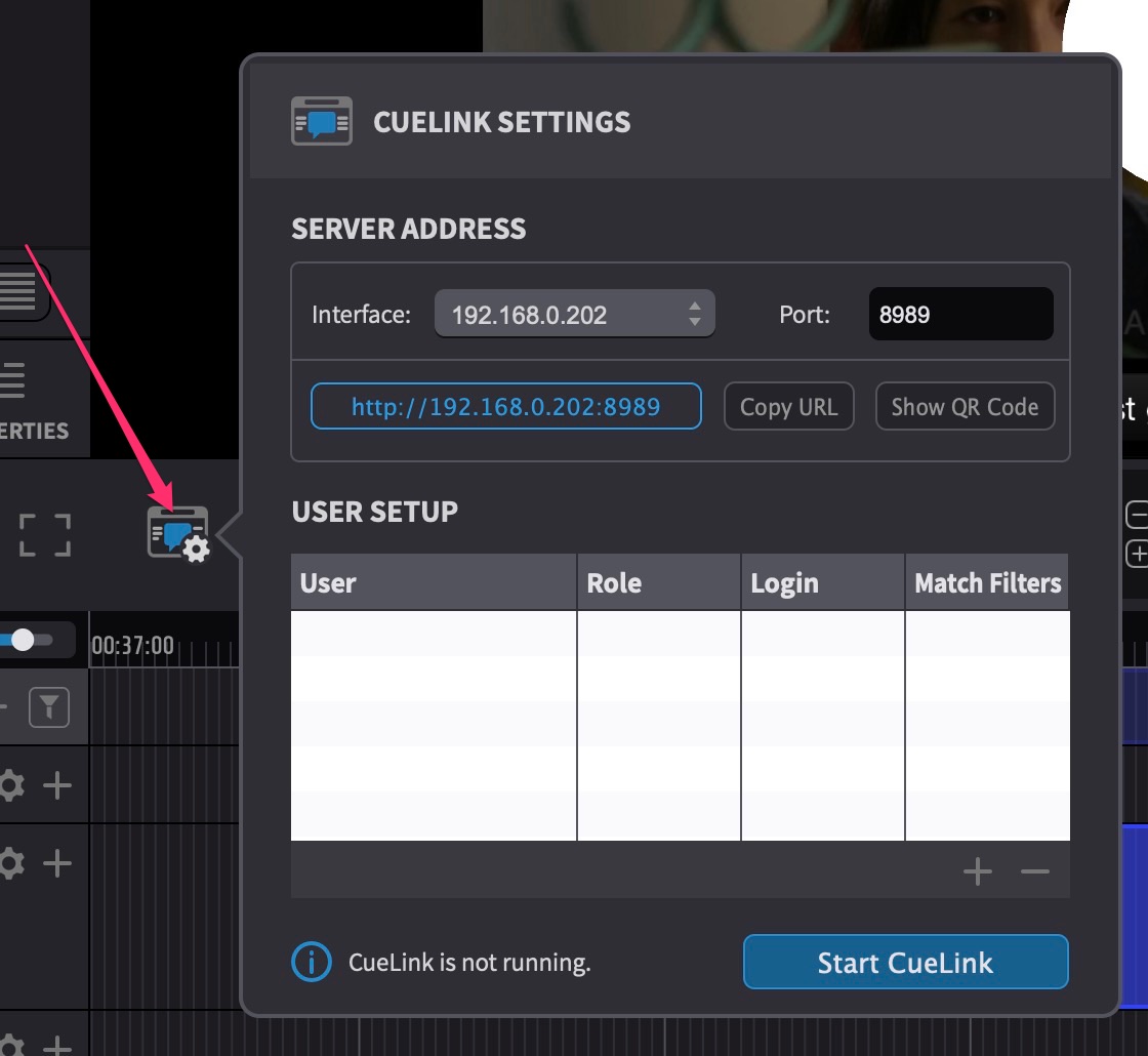 CueLink Button & CUELINK SETTINGS panel in Cue Pro