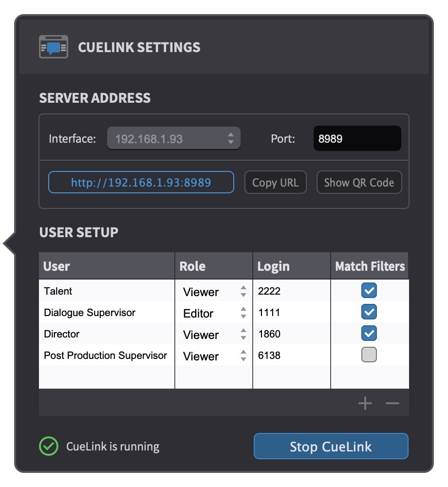 CueLink - Settings pop-up window