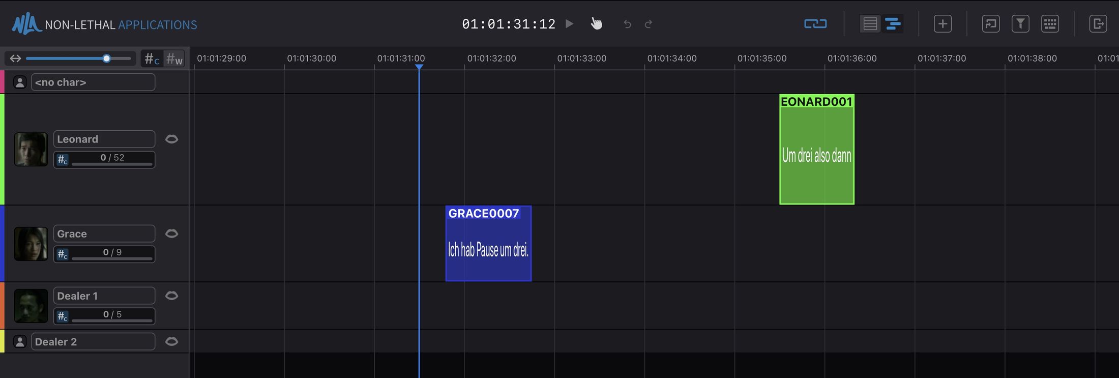 CueLink Timeline View showing character tracks with ADR Cues