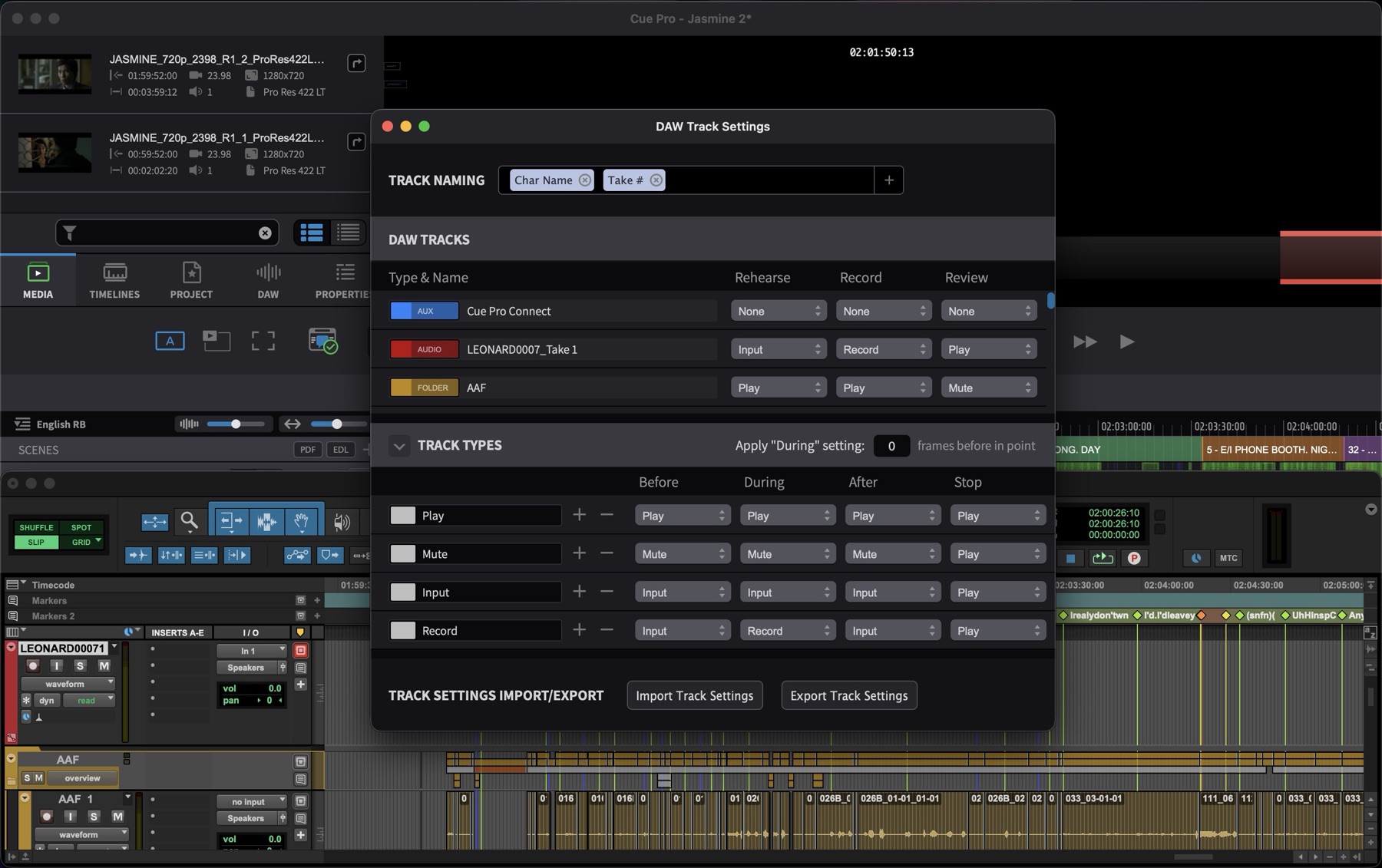 DAW Track Settings window