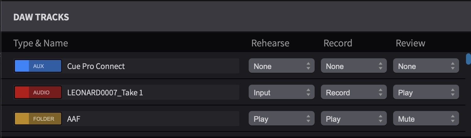 DAW Tracks section with Track Type assignments