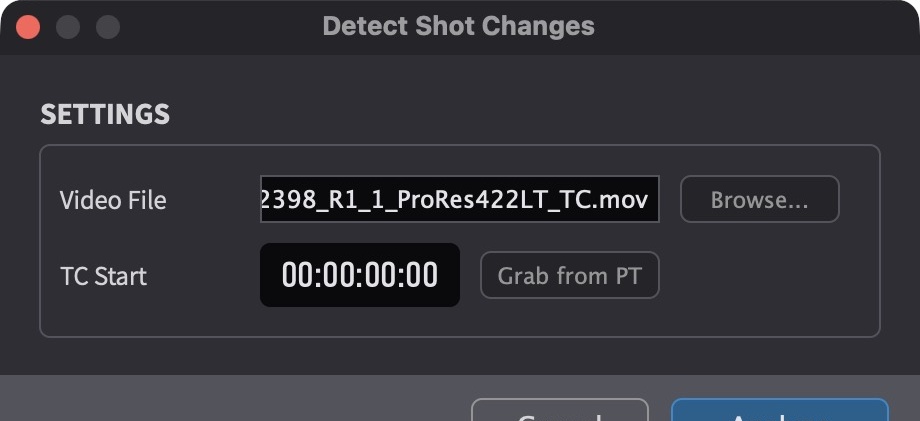 Detect Shot Changes window in Pro Tools Integrated Mode